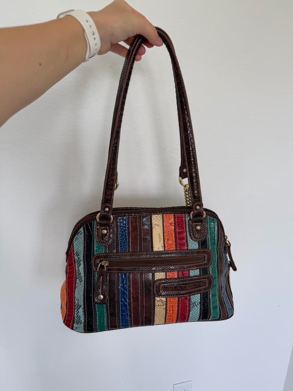 Vintage M.C Striped Multi-Color Leather Shoulder Bag with Brown Trim
